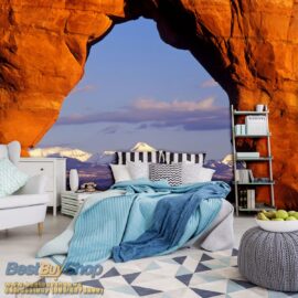 Bedroom with cozy bed 368x254 Nature (Mountain Rocks Window) - Planinski vrh - Sneg - 3D fototapeta zidni mural foto tapeta